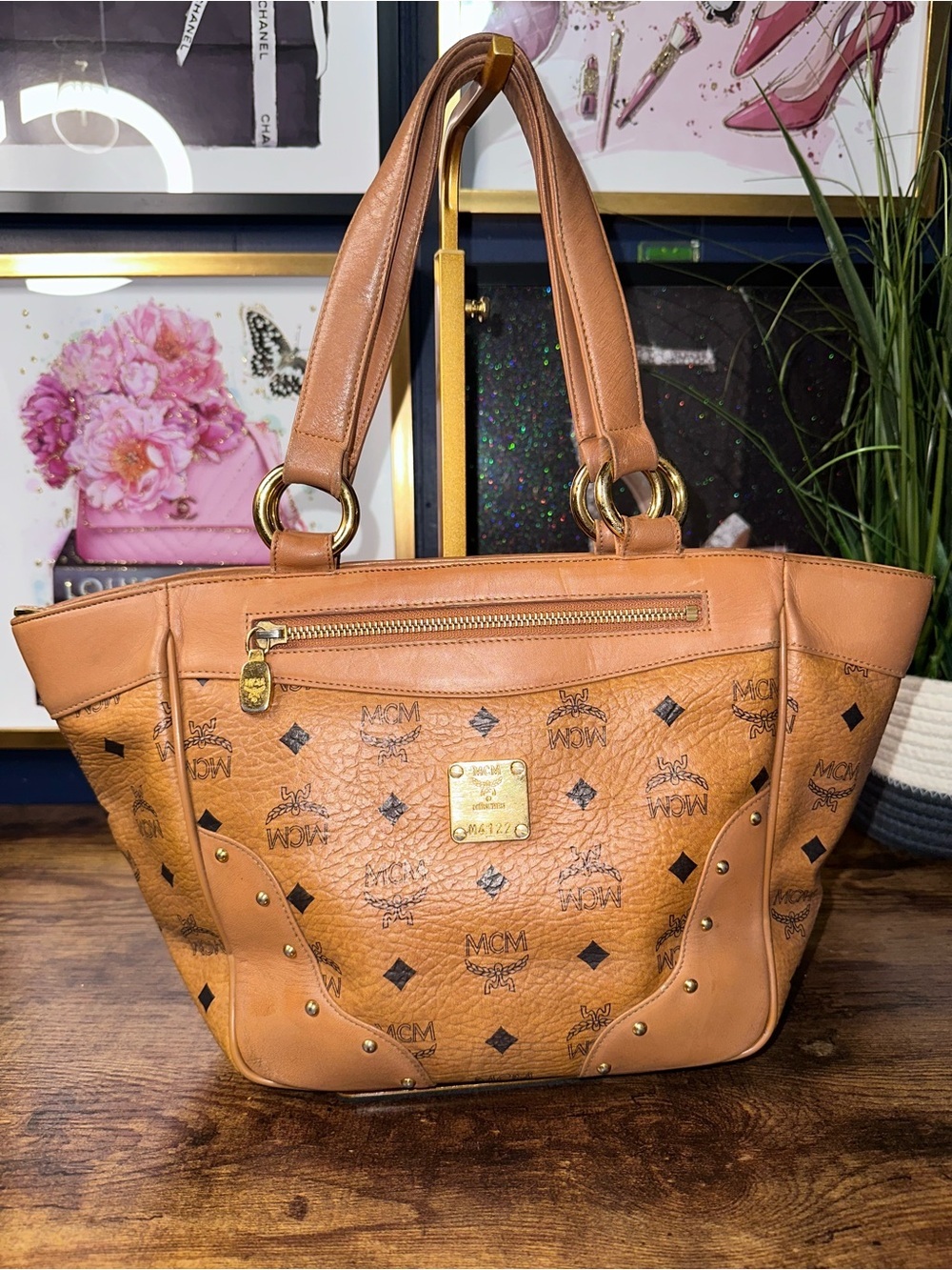 Authentic MCM Cognac Visetos Tote Bag Medium